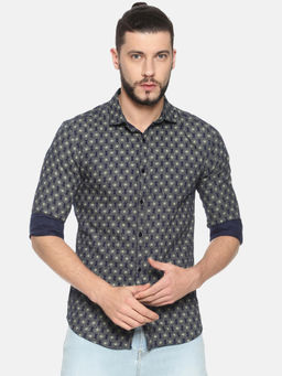 SHOWOFF - Cotton Navy Blue Abstract Casual Slim Fit Shirt