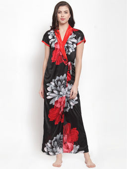 Secret Wish - Women's Black Satin Printed Nighty (Free Size)