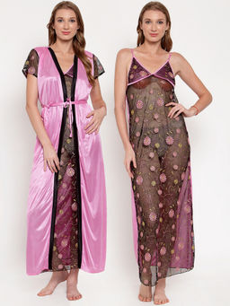 Secret Wish - Women's Pink Printed Satin Nighty With Robe (Free Size)