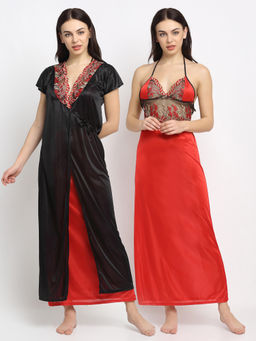Secret Wish - Women Red Solid Satin Nighty with Black Robe (Free Size)
