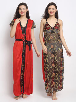 Secret Wish - Women Red Printed Satin Nighty with Robe (Free Size)
