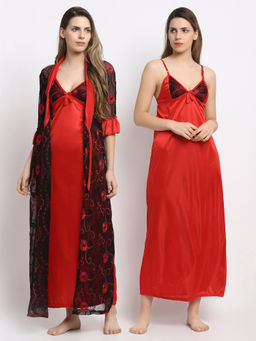 Secret Wish - Women Red & Black Printed Satin Nighty with Robe (Free Size)