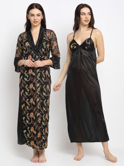 Secret Wish - Women Black Printed Satin Nighty with Robe (Free Size)