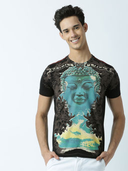 Huetrap - Mens Printed Round Neck Black T-Shirt