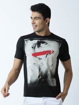 Huetrap - Mens Printed Round Neck Black T-Shirt