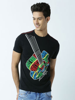 Huetrap - Mens Printed Round Neck Black T-Shirt