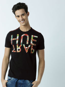 Huetrap - Mens Printed Round Neck Black T-Shirt