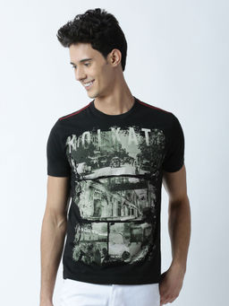Huetrap - Mens Printed Round Neck Black T-Shirt