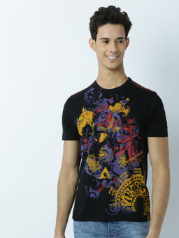 Huetrap - Mens Printed Round Neck Black T-Shirt