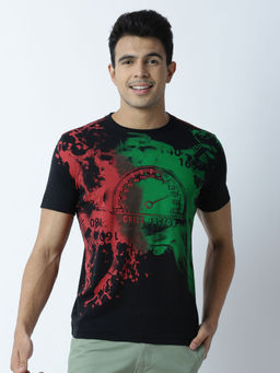 Huetrap - Mens Printed Round Neck Black T-Shirt