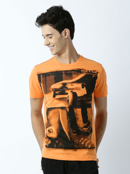 Huetrap - Mens Printed Round Neck Mustard T-Shirt