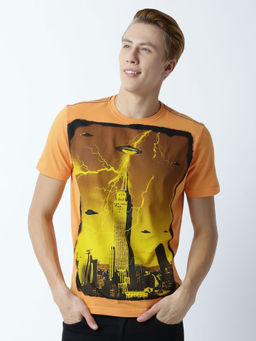 Huetrap - Mens Printed Round Neck Mustard T-Shirt