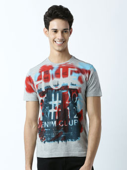Huetrap - Mens Printed Round Neck Grey T-Shirt
