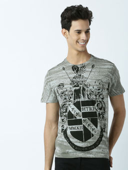 Huetrap - Mens Printed Round Neck Grey T-Shirt