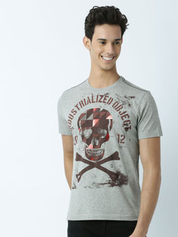 Huetrap - Mens Printed Round Neck Grey T-Shirt