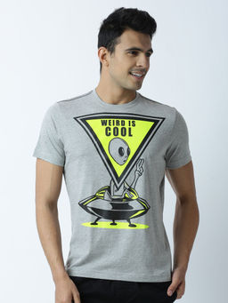 Huetrap - Mens Printed Round Neck Grey T-Shirt
