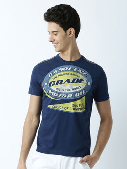 Huetrap - Mens Printed Round Neck Navy Blue T-Shirt