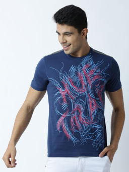 Huetrap - Mens Printed Round Neck Navy Blue T-Shirt
