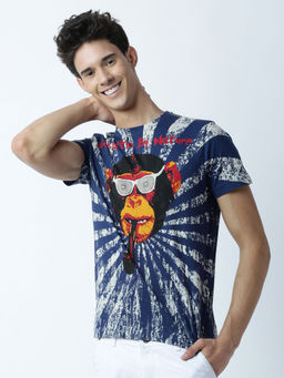 Huetrap - Mens Printed Round Neck Navy Blue T-Shirt