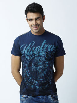 Huetrap - Mens Printed Round Neck Navy Blue T-Shirt