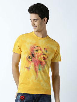 Huetrap - Mens Printed Round Neck Yellow T-Shirt