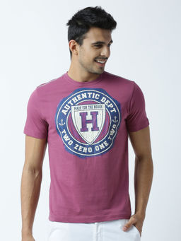 Huetrap - Mens Printed Round Neck Purple T-Shirt