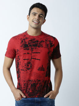 Huetrap - Mens Printed Round Neck Red T-Shirt