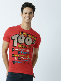 Huetrap - Mens Printed Round Neck Red T-Shirt