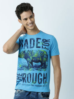 Huetrap - Mens Printed Round Neck Blue T-Shirt