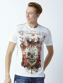 Huetrap - Mens Printed Round Neck White T-Shirt