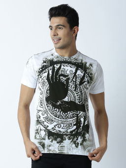 Huetrap - Mens Printed Round Neck White T-Shirt