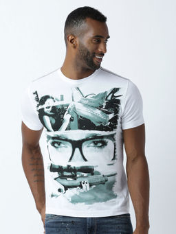 Huetrap - Mens Printed Round Neck White T-Shirt