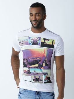 Huetrap - Mens Printed Round Neck White T-Shirt
