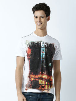 Huetrap - Mens Printed Round Neck White T-Shirt