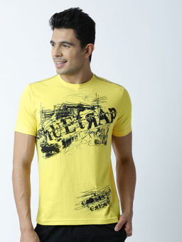 Huetrap - Mens Printed Round Neck Yellow T-Shirt
