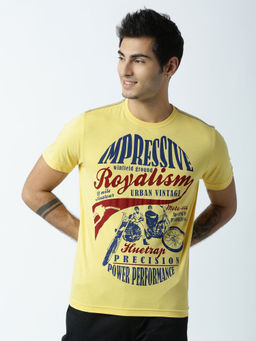 Huetrap - Mens Printed Round Neck Yellow T-Shirt