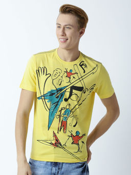 Huetrap - Mens Printed Round Neck Yellow T-Shirt