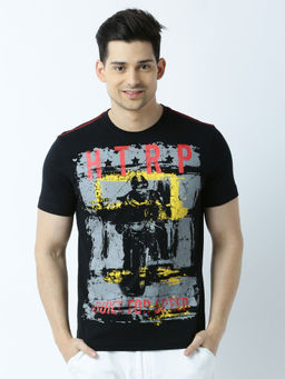 Huetrap - Mens Printed Round Neck Black T-Shirt