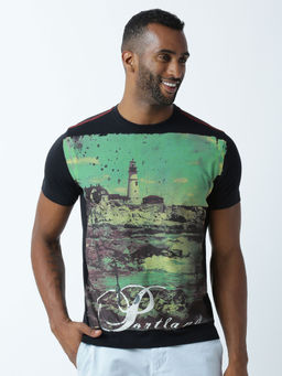 Huetrap - Mens Printed Round Neck Black T-Shirt