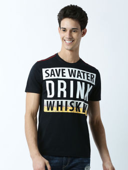 Huetrap - Mens Printed Round Neck Black T-Shirt