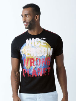 Huetrap - Mens Printed Round Neck Black T-Shirt