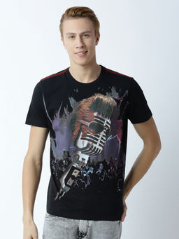 Huetrap - Mens Printed Round Neck Black T-Shirt