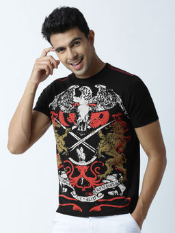 Huetrap - Mens Printed Round Neck Black T-Shirt