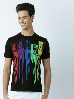Huetrap - Mens Printed Round Neck Black T-Shirt