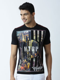 Huetrap - Mens Printed Round Neck Black T-Shirt