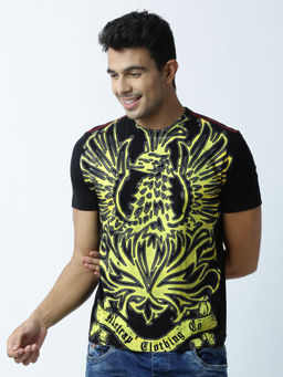 Huetrap - Mens Printed Round Neck Black T-Shirt