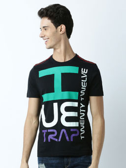 Huetrap - Mens Printed Round Neck Black T-Shirt