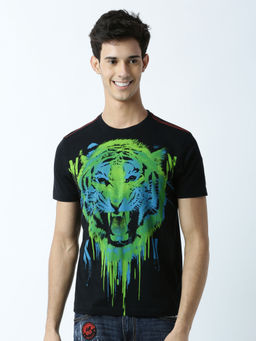 Huetrap - Mens Printed Round Neck Black T-Shirt