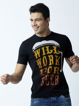 Huetrap - Mens Printed Round Neck Black T-Shirt