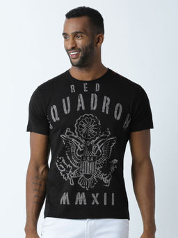 Huetrap - Mens Printed Round Neck Black T-Shirt